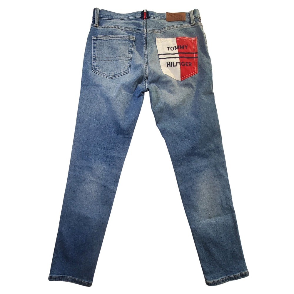 Tommy Hilfiger Denim Mens 32x30 Slim Fit Jeans Blue Logo Back Pocket Medium Wash
